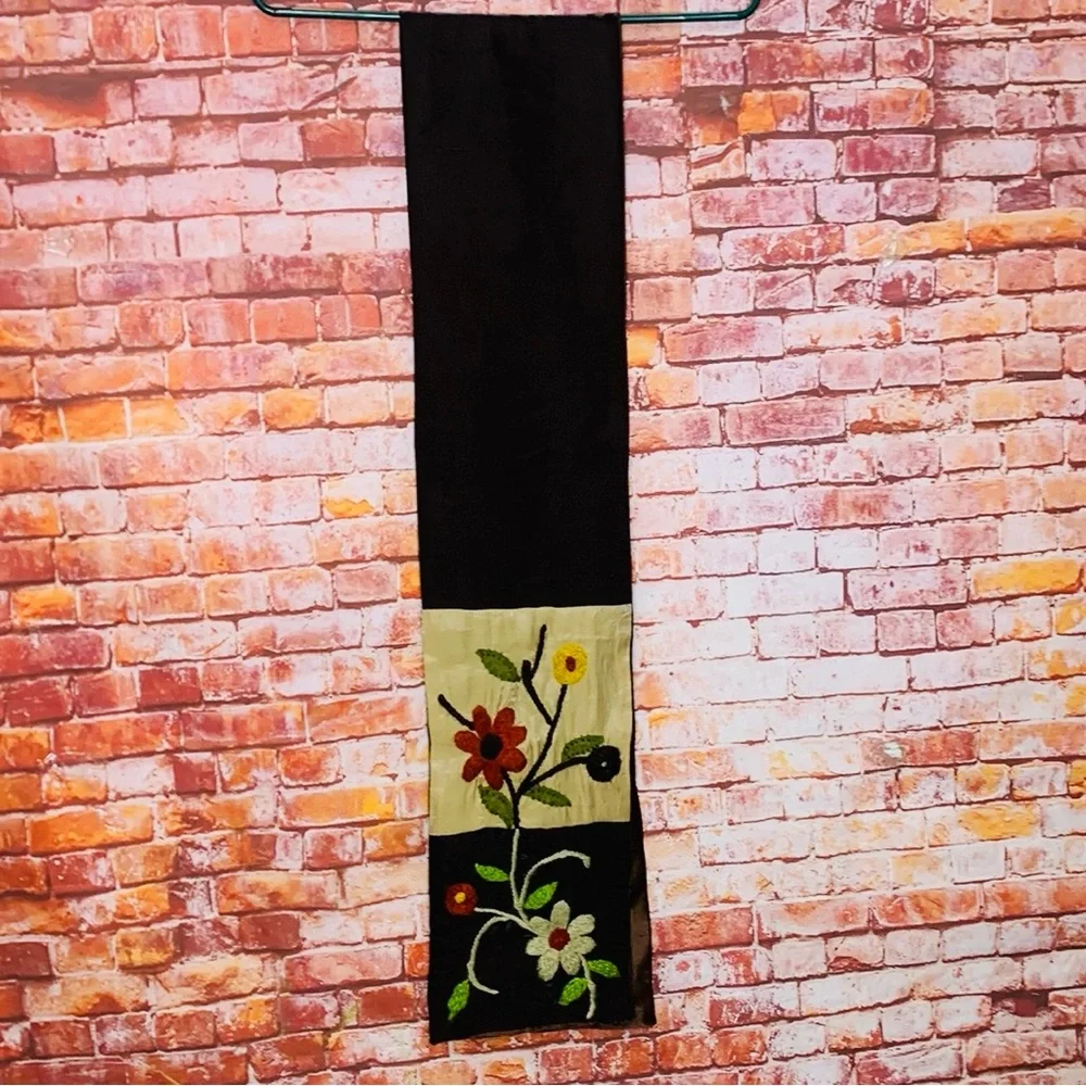 Chocolate Brown Satin Floral Embroidered Scarf